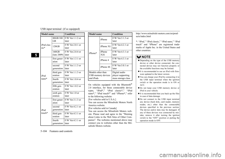 MITSUBISHI MIRAGE 2015 6.G Owners Manual USB input terminal  (if so equipped) 5-104 Features and controls
5
On vehicles equipped with the Bluetooth
®
2.0 interface, for thes 
e connectable device 
types, “iPod 
*,” “iPod classic
*,”