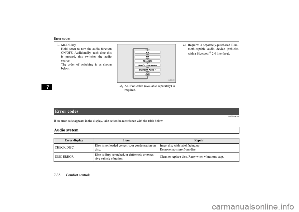 MITSUBISHI MIRAGE 2015 6.G Owners Manual Error codes 7-38 Comfort controls
7
N00736100780
If an error code appears in the display, take action in accordance with the table below. 3- MODE key
Hold down to turn the audio function ON/OFF. Addi MITSUBISHI MIRAGE 2015 6.G Owners Manual Error codes 7-38 Comfort controls
7
N00736100780
If an error code appears in the display, take action in accordance with the table below. 3- MODE key
Hold down to turn the audio function ON/OFF. Addi
