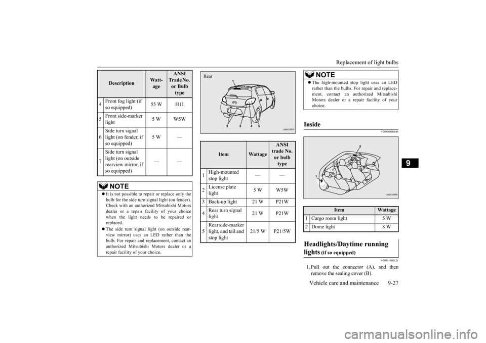 MITSUBISHI MIRAGE 2015 6.G Owners Manual Replacement of light bulbs 
Vehicle care and maintenance 9-27
9
N00950400646 N00901800121
1. Pull out the connector (A), and then remove the sealing cover (B). 
4 
Front fog light (if  so equipped) 
5