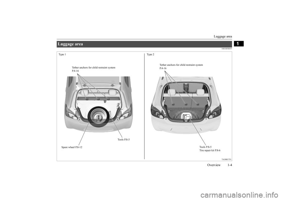 MITSUBISHI MIRAGE 2015 6.G Owners Manual Luggage area 
Overview 1-4
1
N00100500455
Luggage area Type 1 Type 2 
Tether anchors for ch 
ild restraint system 
P.4-16 
Tether anchors for child restraint system P.4-16 
To o l s  P. 8 - 5 
Spare w