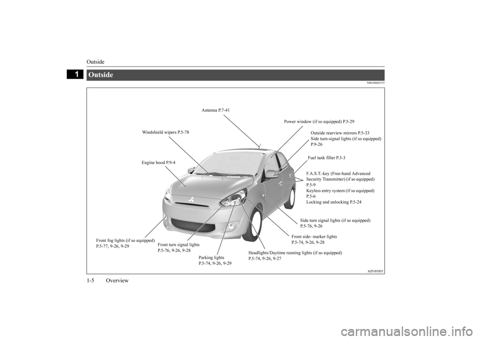 MITSUBISHI MIRAGE 2015 6.G Owners Manual Outside 1-5 Overview
1
N00100602535
Outside  
Antenna P.7-41 
Power window (if so equipped) P.5-29 
Windshield wipers P.5-78 
Outside rearview mirrors P.5-33 Side turn-signal lights (if so equipped)P.