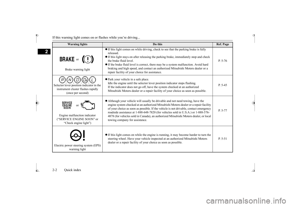 MITSUBISHI MIRAGE 2017 6.G Owners Manual If this warning light comes on or flashes while you’re driving... 2-2 Quick index
2
 or  
Brake warning light 
 If this light comes on while driving, chec
k to see that the parking brake is fully