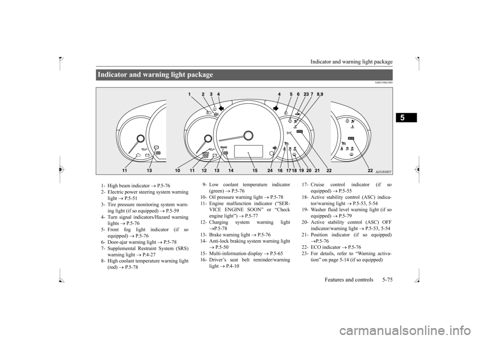 MITSUBISHI MIRAGE 2017 6.G Owners Manual Indicator and warning light package
Features and controls 5-75
5
N00519801905
Indicator and warning light package 1- High beam indicator
P. 5 - 7 6
2- Electric power stee
ring system warning MITSUBISHI MIRAGE 2017 6.G Owners Manual Indicator and warning light package
Features and controls 5-75
5
N00519801905
Indicator and warning light package 1- High beam indicator
P. 5 - 7 6
2- Electric power stee
ring system warning