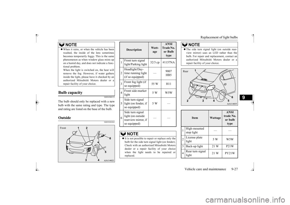 MITSUBISHI MIRAGE 2017 6.G Owners Manual Replacement of light bulbs
Vehicle care and maintenance 9-27
9
N00943000132
The bulb should only be replaced with a new bulb with the same rating and type. The type and rating are listed on the base MITSUBISHI MIRAGE 2017 6.G Owners Manual Replacement of light bulbs
Vehicle care and maintenance 9-27
9
N00943000132
The bulb should only be replaced with a new bulb with the same rating and type. The type and rating are listed on the base