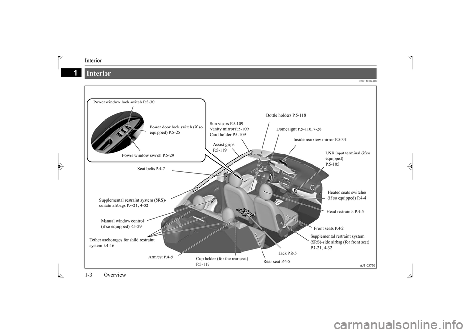 MITSUBISHI MIRAGE 2017 6.G Owners Manual Interior 1-3 Overview
1
N00100302428
Interior  
Bottle holders P.5-118 
Power window lock switch P.5-30 
Sun visors P.5-109 Vanity mirror P.5-109 Card holder P.5-109 
Power door lock switch (if so  eq