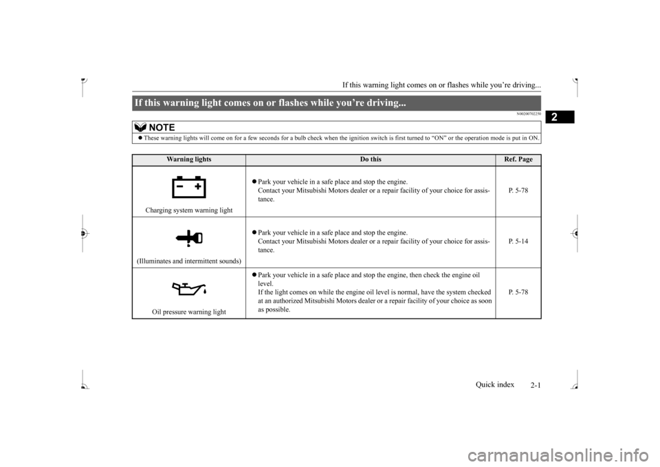 MITSUBISHI MIRAGE 2017 6.G Owners Manual 2-1
2
If this warning light comes on or
 flashes while you’re driving...
Quick index
N00200702250
If this warning light comes on 
or flashes while you’re driving... 
NOTE
These warning lights w