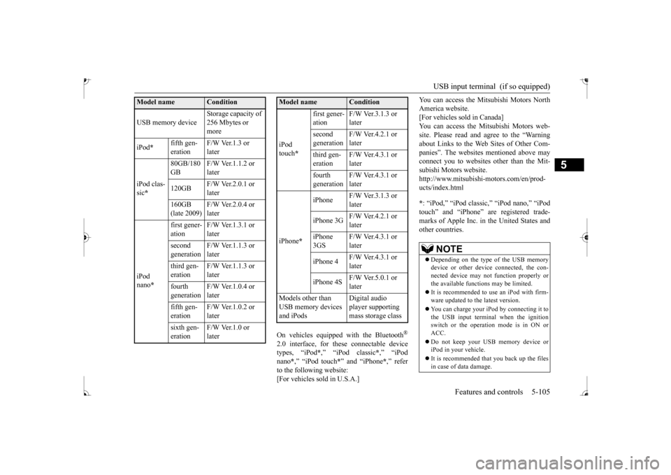 MITSUBISHI MIRAGE 2017 6.G Owners Manual USB input terminal  (if so equipped) 
Features and controls 5-105
5
On vehicles equipped  
with the Bluetooth
®
2.0 interface, for th
ese connectable device 
types, “iPod 
*,” “iPod classic
*,