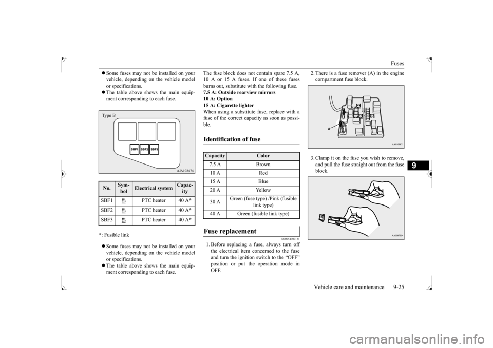 MITSUBISHI MIRAGE 2017 6.G Owners Manual Fuses
Vehicle care and maintenance 9-25
9
Some fuses may not be installed on your vehicle, depending on
the vehicle model
or specifications. The table above show
s the main equip-
ment co MITSUBISHI MIRAGE 2017 6.G Owners Manual Fuses
Vehicle care and maintenance 9-25
9
Some fuses may not be installed on your vehicle, depending on
the vehicle model
or specifications. The table above show
s the main equip-
ment co