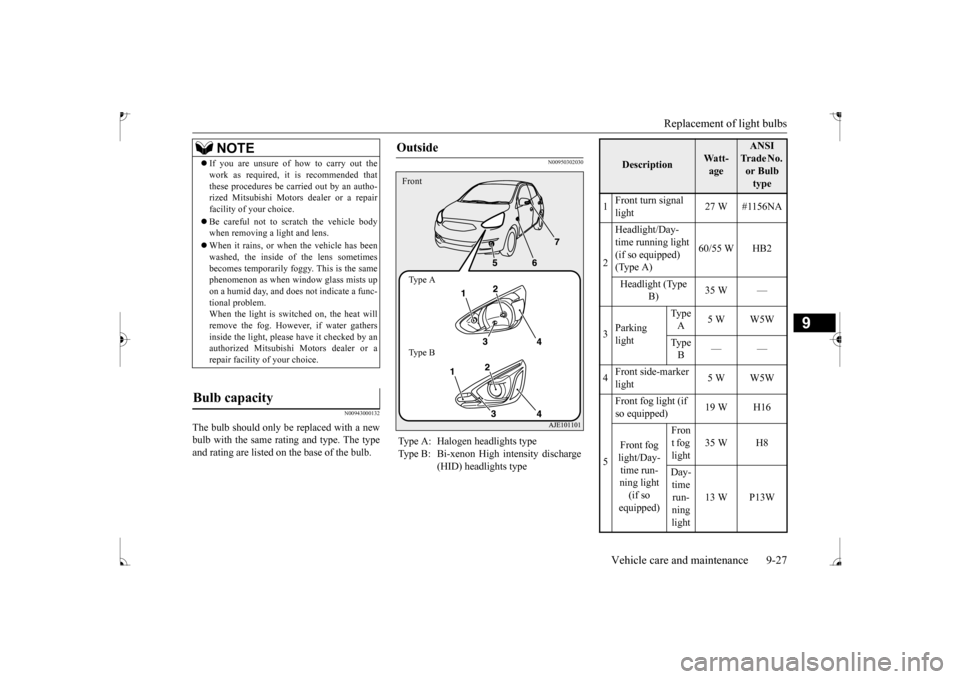 MITSUBISHI MIRAGE 2017 6.G Owners Manual Replacement of light bulbs
Vehicle care and maintenance 9-27
9
N00943000132
The bulb should only be replaced with a new bulb with the same rating and type. The typeand rating are listed on the base o MITSUBISHI MIRAGE 2017 6.G Owners Manual Replacement of light bulbs
Vehicle care and maintenance 9-27
9
N00943000132
The bulb should only be replaced with a new bulb with the same rating and type. The typeand rating are listed on the base o
