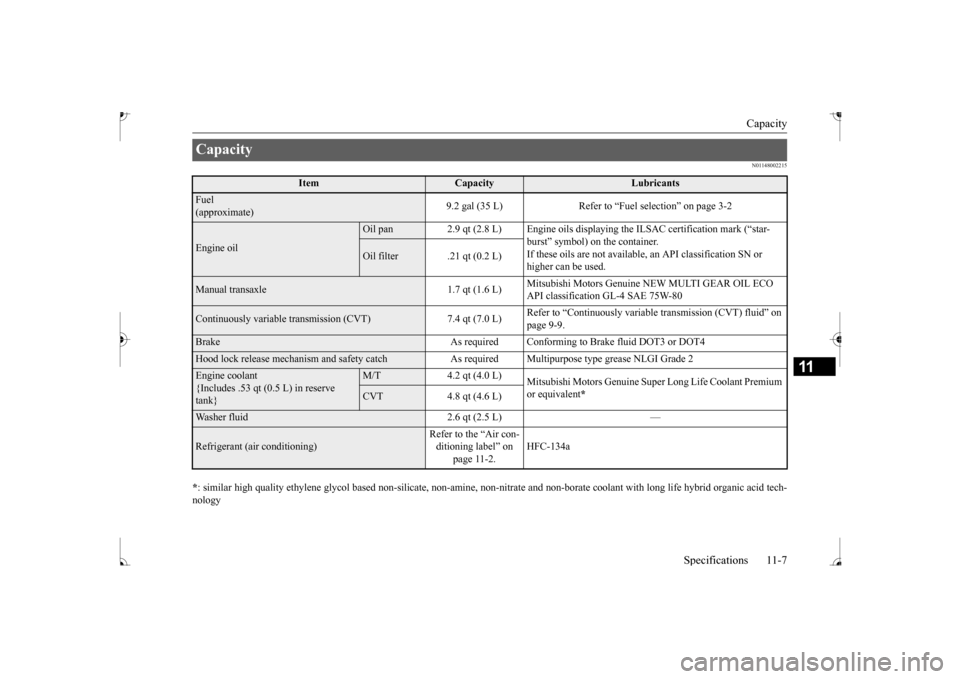 MITSUBISHI MIRAGE 2017 6.G Owners Manual Capacity 
Specifications 11-7
11
N01148002215
* : similar high quality ethylene
 glycol based non-silicate, non-am
ine, non-nitrate and non-borate c
oolant with long life hybrid 
organic acid tech- 
n