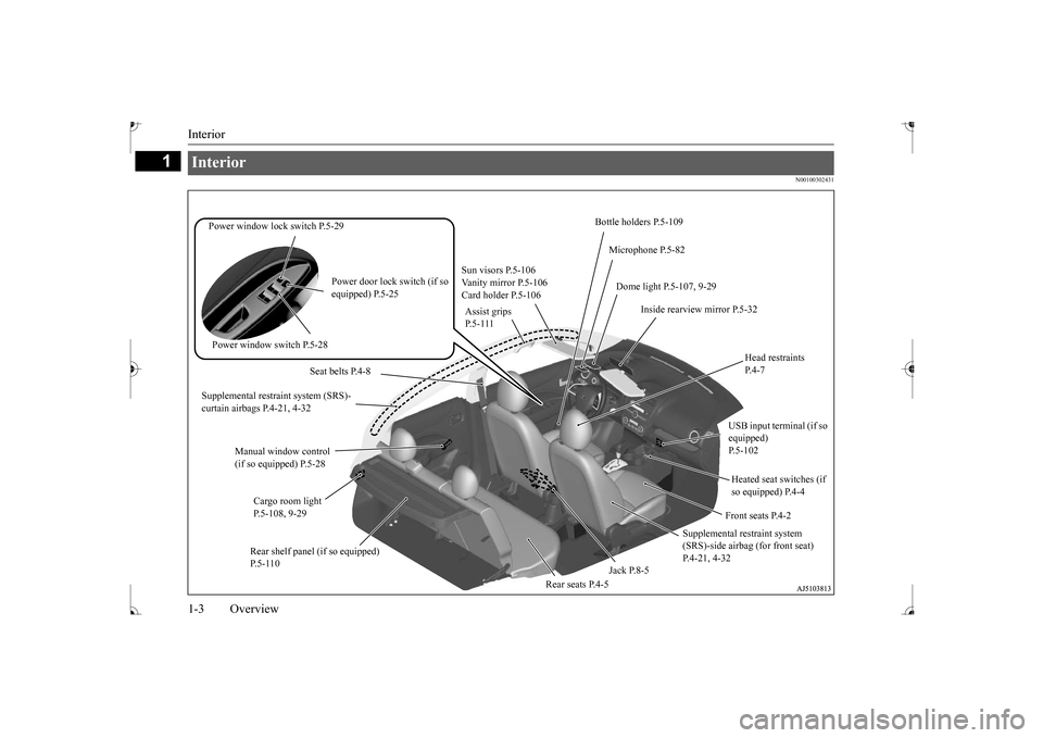 MITSUBISHI MIRAGE 2017 6.G Owners Manual Interior 1-3 Overview
1
N00100302431
Interior  
Bottle holders P.5-109 
Power window lock switch P.5-29 
Microphone P.5-82 
Sun visors P.5-106 Vanity mirror P.5-106 Card holder P.5-106 
Power door loc