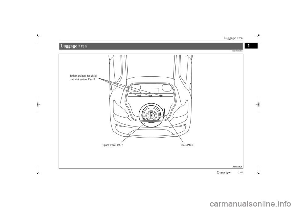 MITSUBISHI MIRAGE 2017 6.G Owners Manual Luggage area 
Overview 1-4
1
N00100501566
Luggage area 
Tether anchors for child  restraint system P.4-17 
Tools P.8-5 
Spare wheel P.8-7
BK0235100US.book  4 ページ  ２０１５年１１月２０�