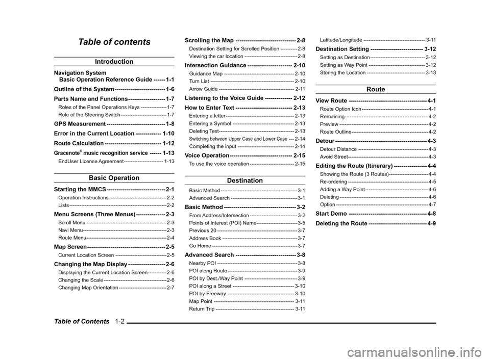 MITSUBISHI OUTLANDER 2010 2.G MMCS Manual Table of Contents   1-2
Table of contents
Introduction
Navigation System
Basic Operation Reference Guide ------ 1-1
Outline of the System -------------------------- 1-6
Parts Name and Functions ------
