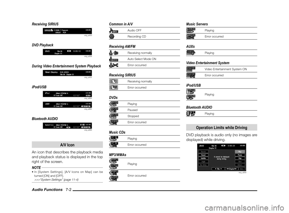 MITSUBISHI OUTLANDER 2010 2.G MMCS Manual Audio Functions   7-2
Receiving SIRIUS
eng_a430
DVD Playback
eng_a308
During Video Entertainment System Playback
eng_a455
iPod/USB
eng_a684
eng_a685
Bluetooth AUDIO
eng_a686
A/V Icon
An icon that desc