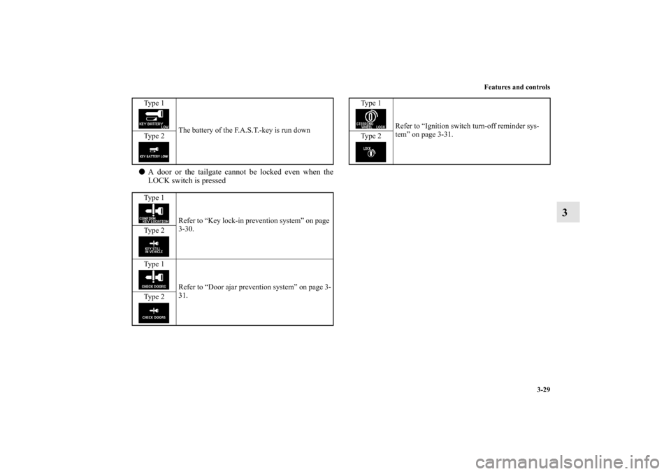 MITSUBISHI OUTLANDER 2010 2.G Owners Manual Features and controls
3-29
3

A door or the tailgate cannot be locked even when the
LOCK switch is pressedTy p e  1
The battery of the F.A.S.T.-key is run down
Ty p e  2
Ty p e  1
Refer to “Key loc
