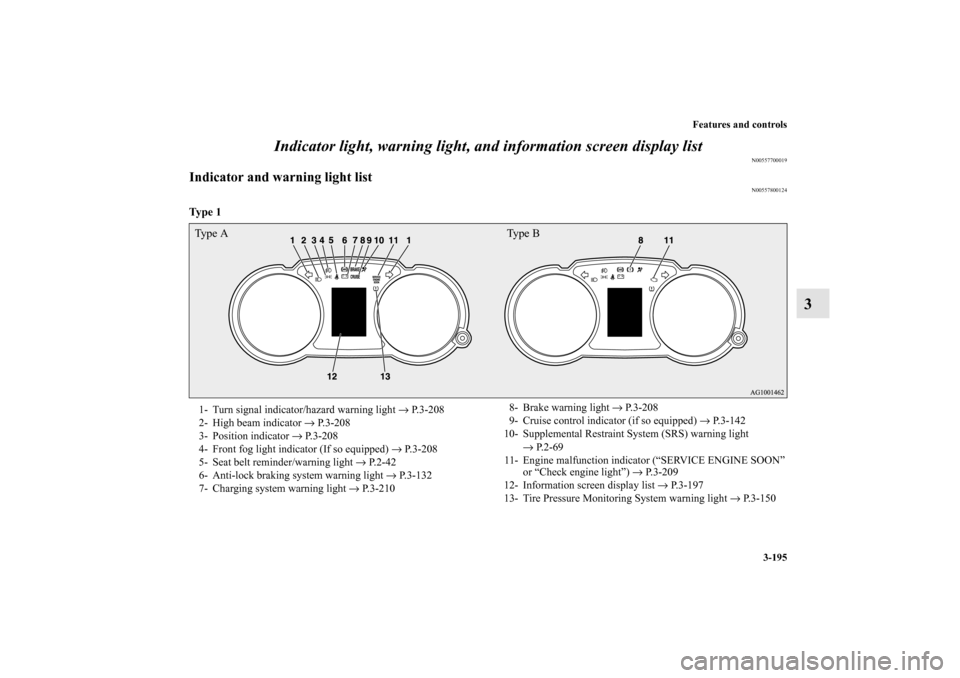 MITSUBISHI OUTLANDER 2010 2.G Owners Manual Features and controls
3-195
3 Indicator light, warning light, and information screen display list
N00557700019
Indicator and warning light list
N00557800124
Ty p e  1
  Type A Type B1- Turn signal ind