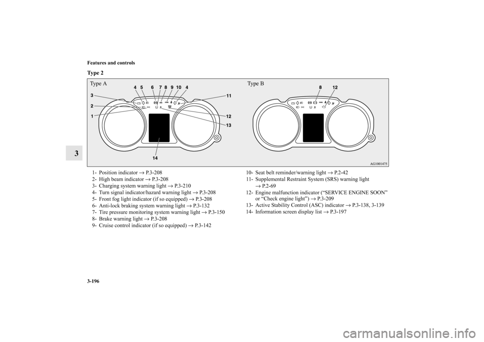 MITSUBISHI OUTLANDER 2010 2.G Owners Manual 3-196 Features and controls
3
Ty p e  2
  Type A Type B1- Position indicator → P.3-208
2- High beam indicator → P.3-208
3- Charging system warning light → P.3-210
4- Turn signal indicator/hazard