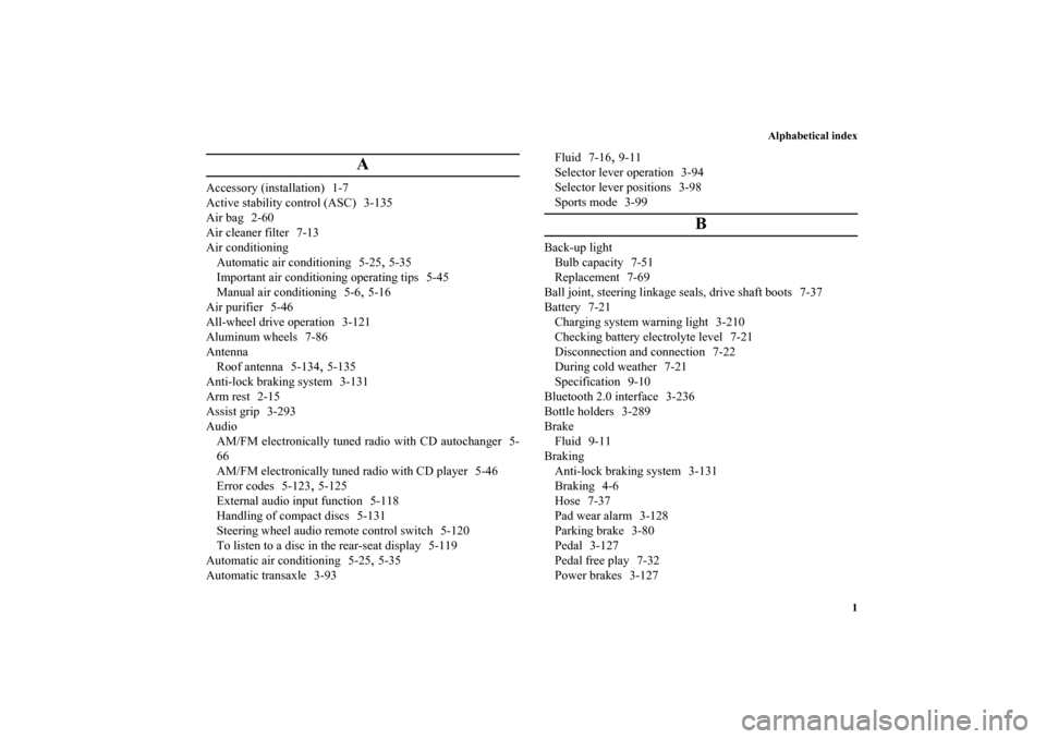 MITSUBISHI OUTLANDER 2010 2.G Service Manual Alphabetical index
1
A
Accessory (installation) 1-7
Active stability control (ASC) 3-135
Air bag 2-60
Air cleaner filter 7-13
Air conditioning
Automatic air conditioning 5-25
,5-35
Important air condi