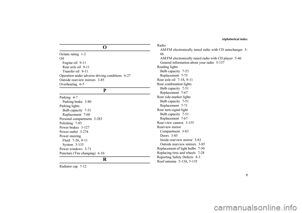MITSUBISHI OUTLANDER 2010 2.G Owners Manual Alphabetical index
5
O
Octane rating 1-2
Oil
Engine oil 9-11
Rear axle oil 9-11
Transfer oil 9-11
Operation under adverse driving conditions 6-27
Outside rearview mirrors 3-85
Overheating 6-5
P
Parkin