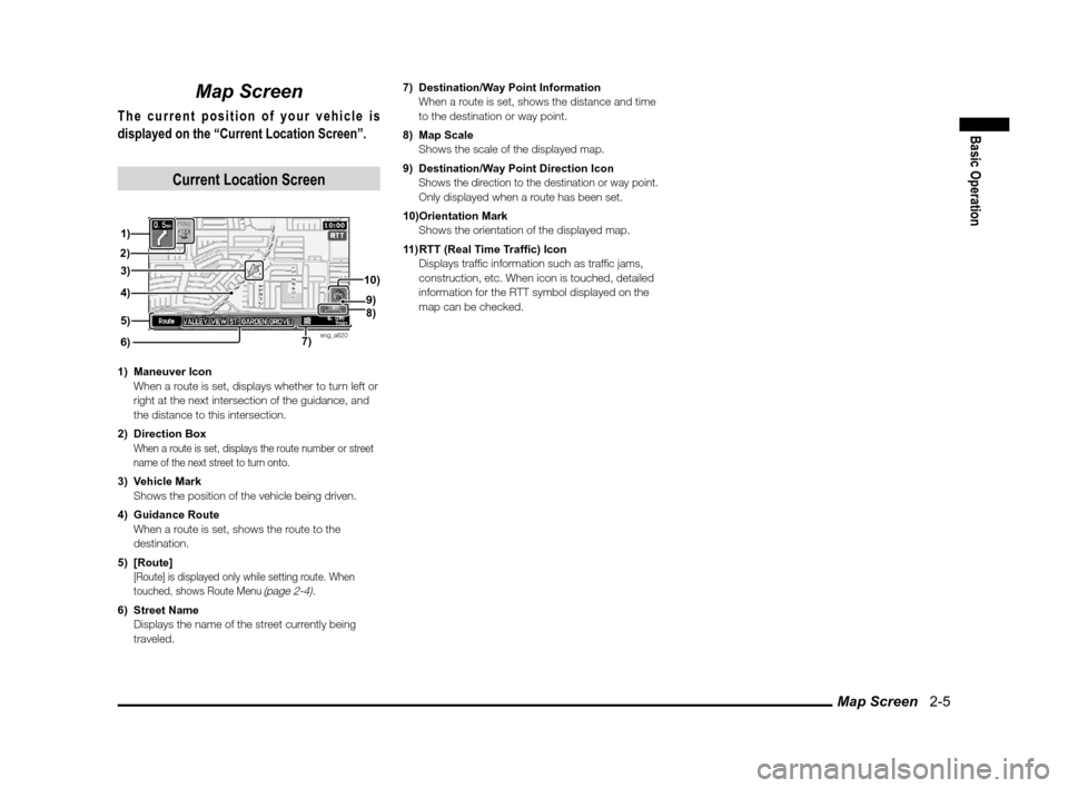 MITSUBISHI OUTLANDER 2011 2.G MMCS Manual Map Screen   2-5
Basic Operation
Map Screen
The current position of your vehicle is 
displayed on the “Current Location Screen”.
Current Location Screen
eng_a620
1) Maneuver Icon
  When a route is