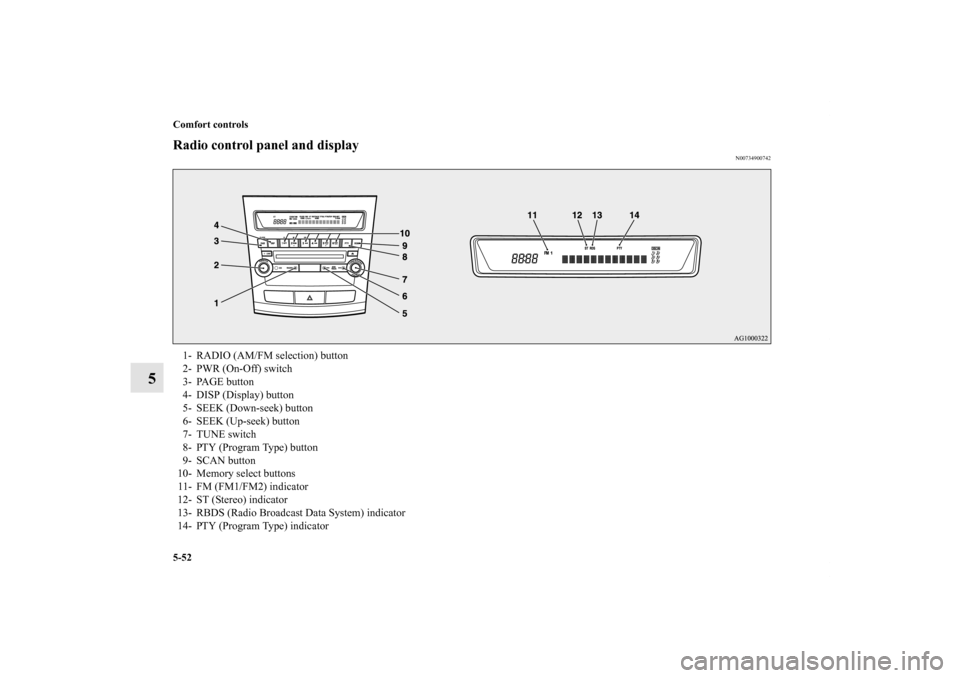 MITSUBISHI OUTLANDER 2011 2.G User Guide 5-52 Comfort controls
5
Radio control panel and display
N00734900742
1- RADIO (AM/FM selection) button
2- PWR (On-Off) switch
3- PAGE button
4- DISP (Display) button
5- SEEK (Down-seek) button
6- SEEK