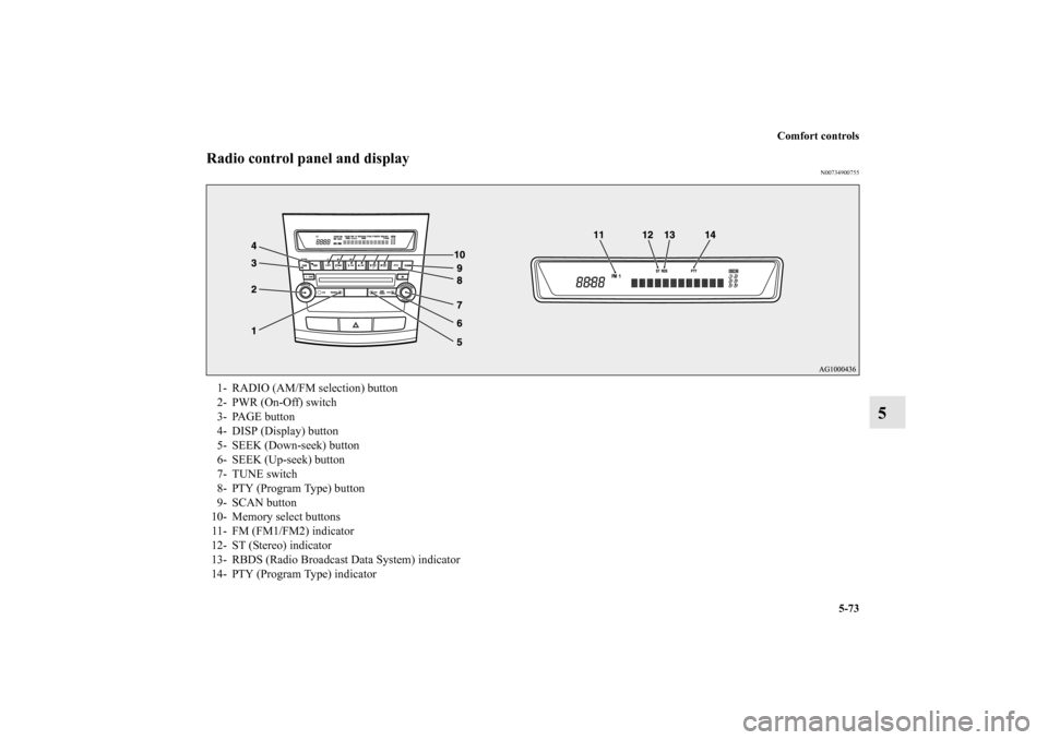 MITSUBISHI OUTLANDER 2011 2.G Owners Manual Comfort controls
5-73
5
Radio control panel and display
N00734900755
1- RADIO (AM/FM selection) button
2- PWR (On-Off) switch
3- PAGE button
4- DISP (Display) button
5- SEEK (Down-seek) button
6- SEEK