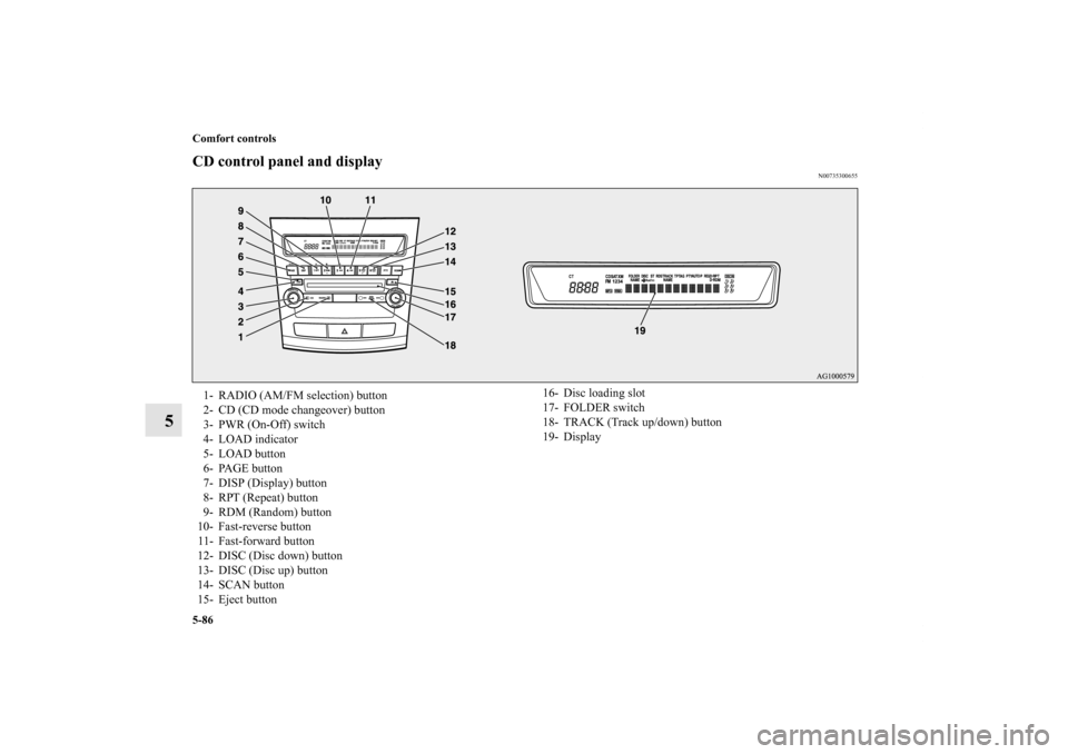 MITSUBISHI OUTLANDER 2011 2.G Owners Manual 5-86 Comfort controls
5
CD control panel and display
N00735300655
1- RADIO (AM/FM selection) button
2- CD (CD mode changeover) button
3- PWR (On-Off) switch
4- LOAD indicator
5- LOAD button
6- PAGE bu