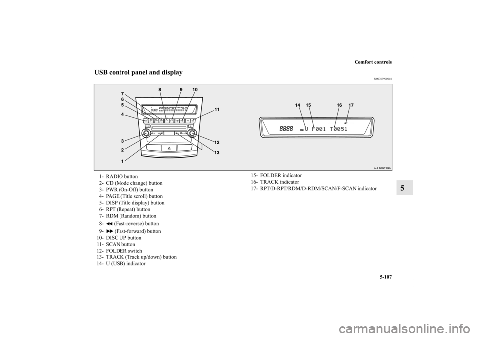 MITSUBISHI OUTLANDER 2011 2.G Service Manual Comfort controls
5-107
5
USB control panel and display
N00763900018
1- RADIO button
2- CD (Mode change) button
3- PWR (On-Off) button
4- PAGE (Title scroll) button
5- DISP (Title display) button
6- RP