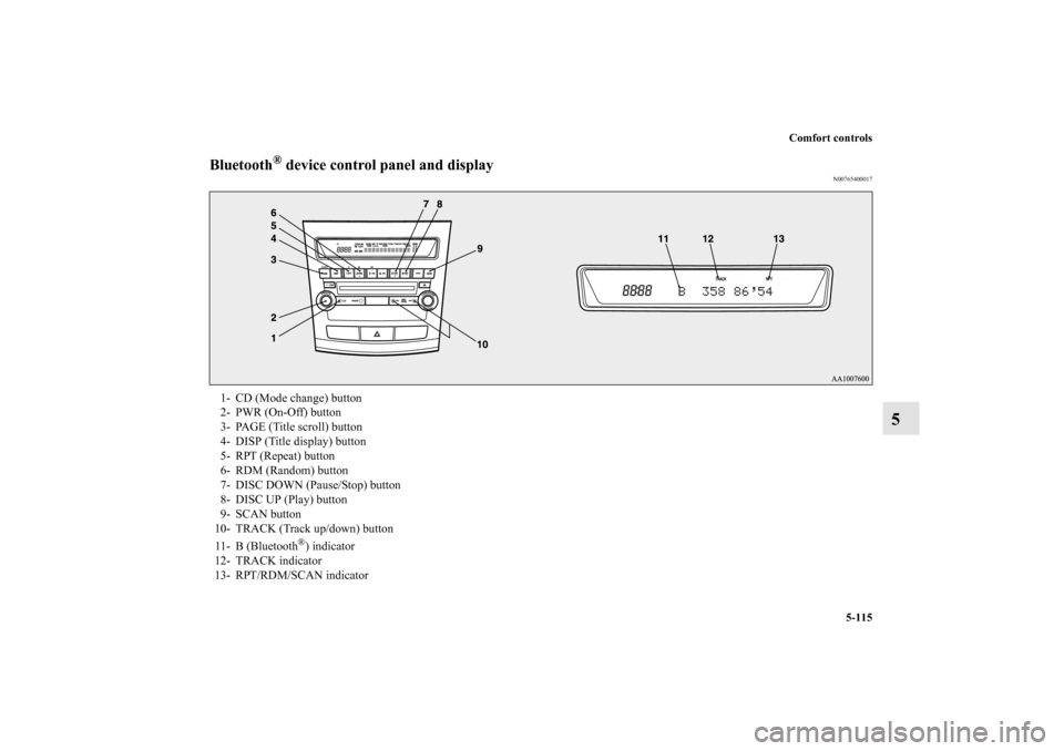 MITSUBISHI OUTLANDER 2011 2.G Owners Manual Comfort controls
5-115
5
Bluetooth
® device control panel and display
N00765400017
1- CD (Mode change) button
2- PWR (On-Off) button
3- PAGE (Title scroll) button
4- DISP (Title display) button
5- RP MITSUBISHI OUTLANDER 2011 2.G Owners Manual Comfort controls
5-115
5
Bluetooth
® device control panel and display
N00765400017
1- CD (Mode change) button
2- PWR (On-Off) button
3- PAGE (Title scroll) button
4- DISP (Title display) button
5- RP