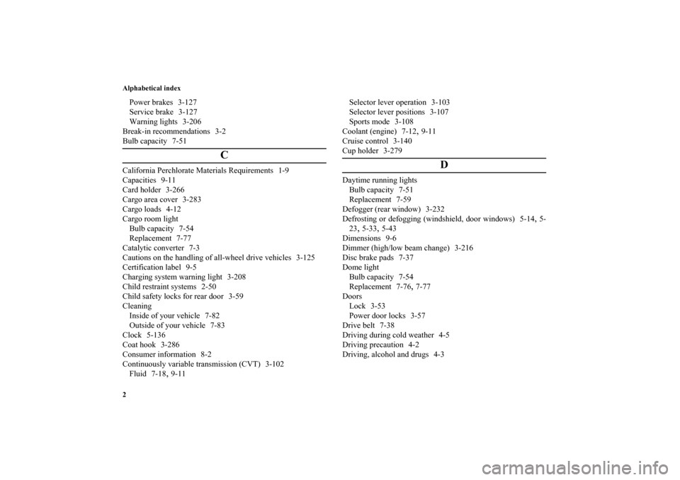 MITSUBISHI OUTLANDER 2011 2.G User Guide Alphabetical index
2Power brakes 3-127
Service brake 3-127
Warning lights 3-206
Break-in recommendations 3-2
Bulb capacity 7-51
C
California Perchlorate Materials Requirements 1-9
Capacities 9-11
Card