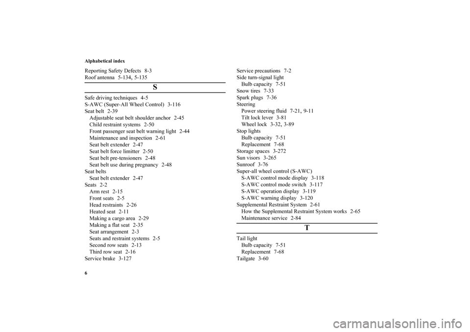 MITSUBISHI OUTLANDER 2011 2.G Owners Manual Alphabetical index
6Reporting Safety Defects 8-3
Roof antenna 5-134
,5-135
S
Safe driving techniques 4-5
S-AWC (Super-All Wheel Control) 3-116
Seat belt 2-39
Adjustable seat belt shoulder anchor 2-45
