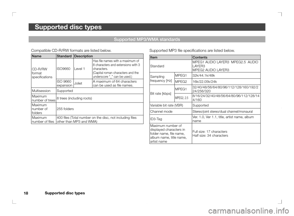 MITSUBISHI OUTLANDER 2011 2.G Rear Entertainment Supported disc types
18
Supported disc types
Supported MP3 � le speci� cations are listed below.
Item Contents
StandardMPEG1 AUDIO LAYER3  MPEG2.5  AUDIO 
LAYER3
MPEG2 AUDIO LAYER3
Sampling 
frequency