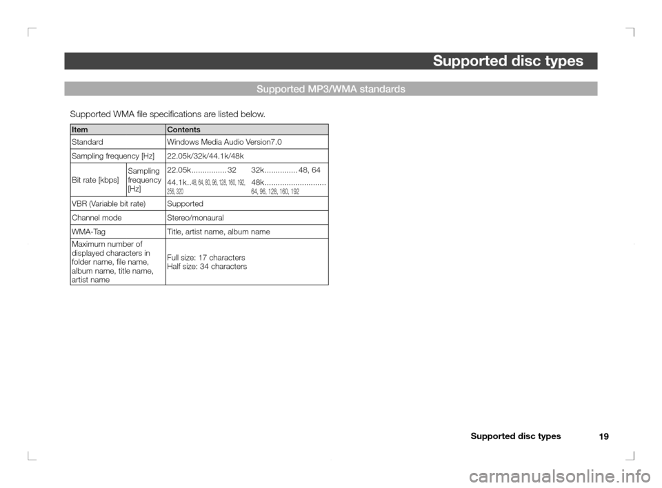 MITSUBISHI OUTLANDER 2011 2.G Rear Entertainment Supported disc types
19
Supported disc types
Supported WMA � le speci� cations are listed below.
Item Contents
Standard Windows Media Audio Version7.0
Sampling frequency [Hz] 22.05k/32k/44.1k/48k
Bit 