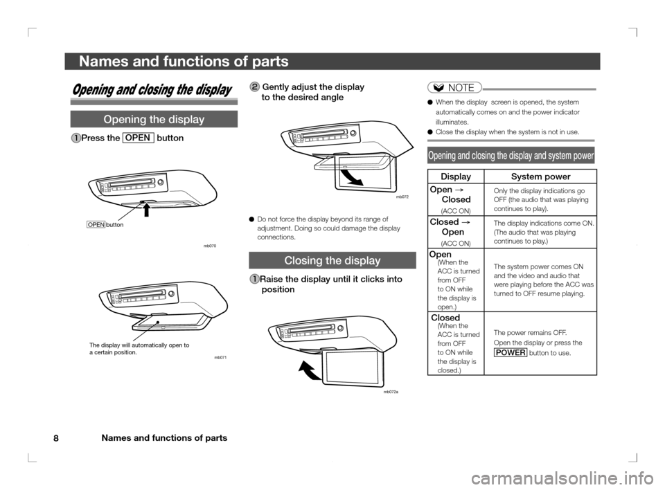 MITSUBISHI OUTLANDER 2011 2.G Rear Entertainment 8Names and functions of parts
Names and functions of parts
NOTE
●  When the display  screen is opened, the system 
automatically comes on and the power indicator 
illuminates.
●  Close the display