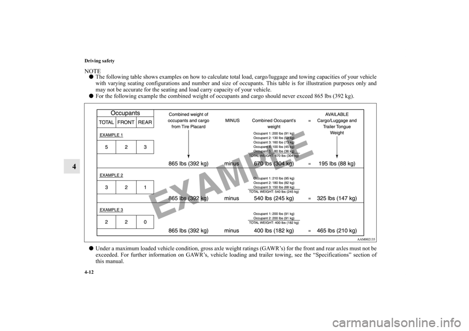 MITSUBISHI OUTLANDER 2012 3.G Owners Manual 4-12 Driving safety
4
NOTEThe following table shows examples on how to calculate total load, cargo/luggage and towing capacities of your vehicle
with varying seating configurations and number and siz