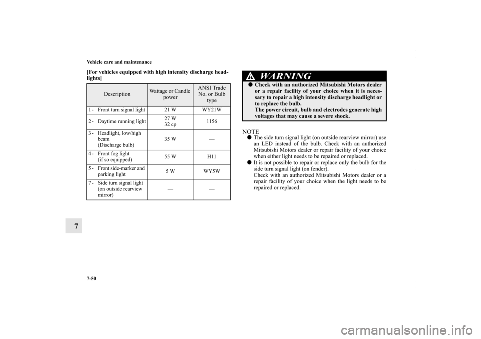 MITSUBISHI OUTLANDER 2012 3.G Owners Manual 7-50 Vehicle care and maintenance
7
[For vehicles equipped with high intensity discharge head-
lights]
  
NOTEThe side turn signal light (on outside rearview mirror) use
an LED instead of the bulb. C