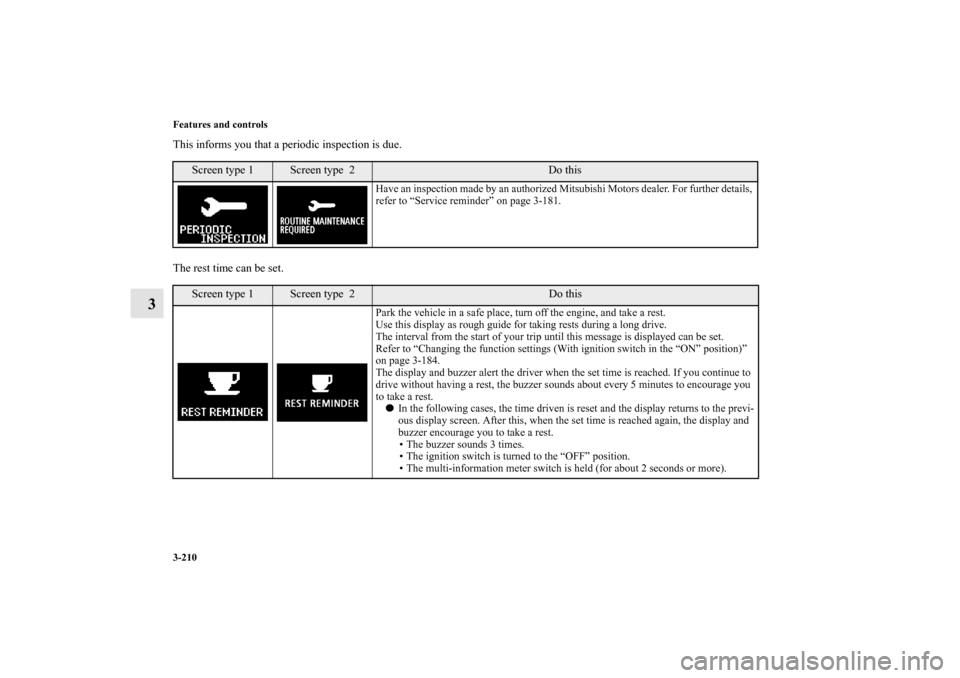 MITSUBISHI OUTLANDER 2013 3.G Owners Manual 3-210 Features and controls
3
This informs you that a periodic inspection is due.
The rest time can be set.
Screen type 1
Screen type  2
Do this
Have an inspection made by an authorized Mitsubishi Mot
