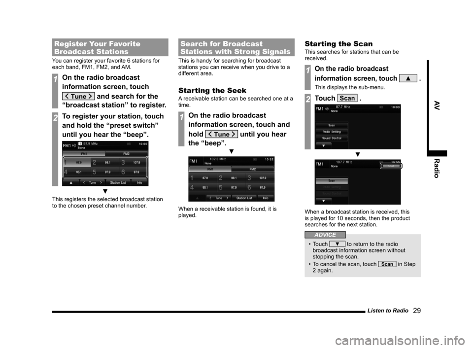MITSUBISHI OUTLANDER 2014 3.G Display Audio Manual Listen to Radio   29
AVRadio
Register Your Favorite 
Broadcast Stations
You can register your favorite 6 stations for 
each band, FM1, FM2, and AM.
1On the radio broadcast 
information screen, touch 
