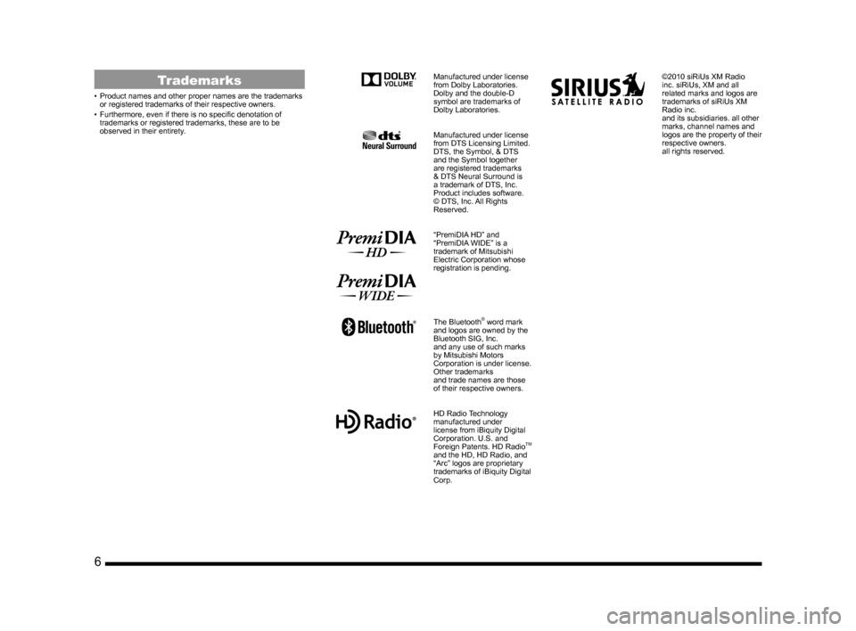 MITSUBISHI OUTLANDER 2014 3.G Display Audio Manual 6    
Trademarks
•	 Product	names	and	other	proper	names	are	the	trademarks	
or registered trademarks of their respective owners.
•	 Furthermore,	even	if	there	is	no	specific	denotation	of	 tradem