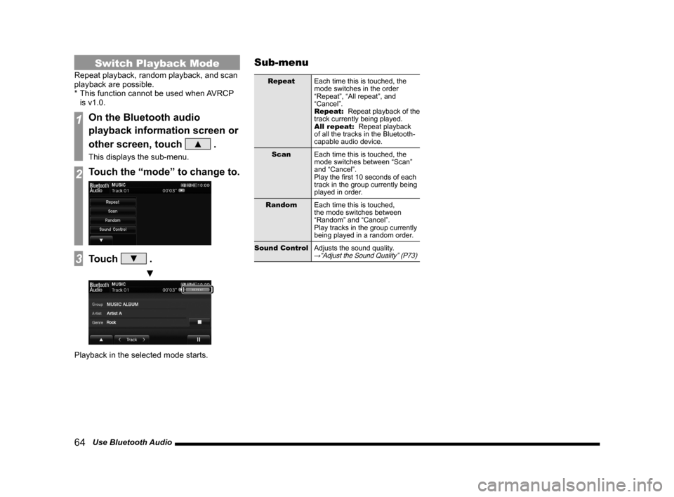 MITSUBISHI OUTLANDER 2014 3.G Display Audio Manual 64   Use Bluetooth Audio
Switch Playback Mode
Repeat playback, random playback, and scan 
playback are possible.
* This function cannot be used when AVRCP 
is v1.0.
1On the Bluetooth audio 
playback i