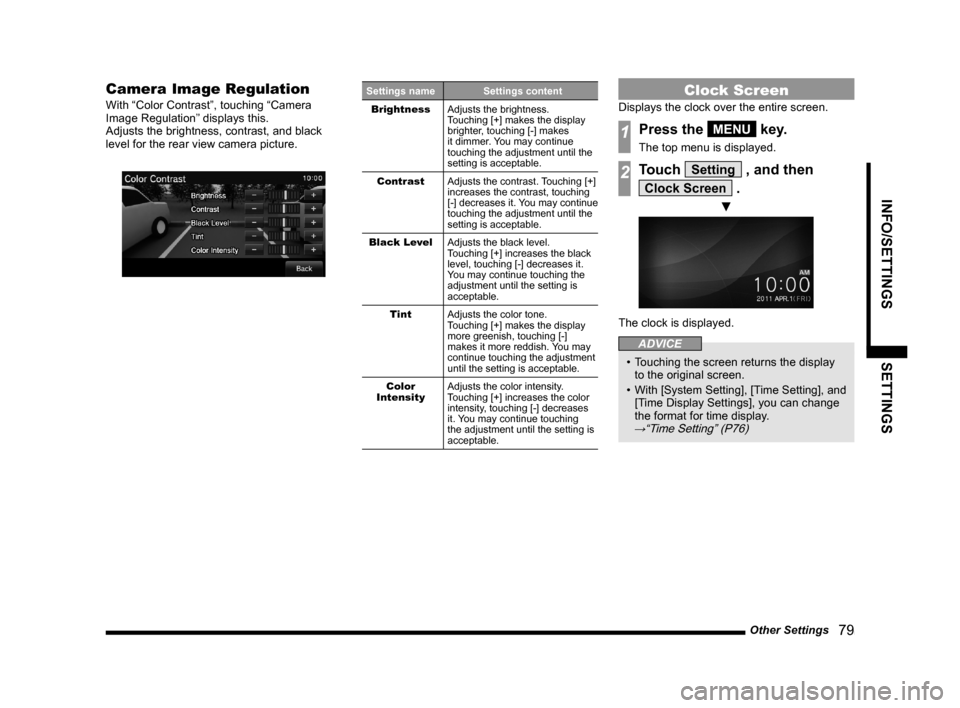 MITSUBISHI OUTLANDER 2014 3.G Display Audio Manual Other Settings   79
INFO/SETTINGSSETTINGS
Camera Image Regulation
With “Color Contrast”, touching “Camera 
Image Regulation” displays this.
Adjusts the brightness, contrast, and black 
level f