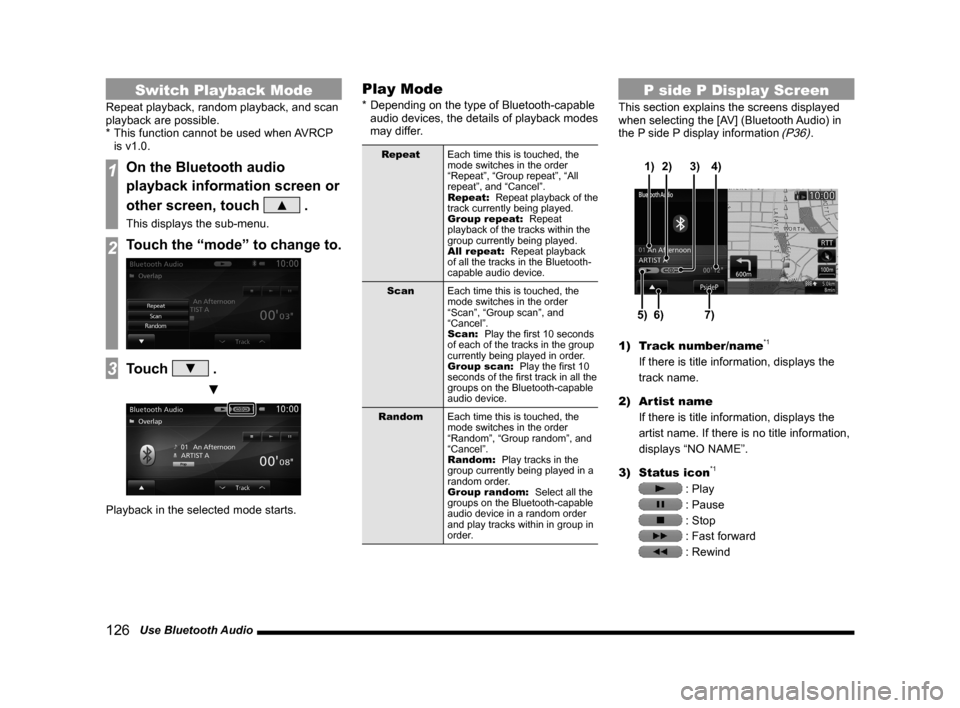 MITSUBISHI OUTLANDER 2014 3.G MMCS Manual 126   Use Bluetooth Audio
Switch Playback Mode
Repeat playback, random playback, and scan 
playback are possible.
* This function cannot be used when AVRCP 
is v1.0.
1On the Bluetooth audio 
playback 