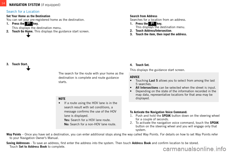 MITSUBISHI OUTLANDER 2014 3.G Owners Handbook search for a location
14NAVIGATION SYSTEM (if equipped)
Way Points – once you have set a destination, you can enter additional stops along the\
 way called way Points. f or details on how to set  wa