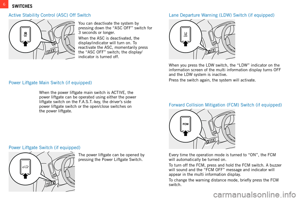 MITSUBISHI OUTLANDER 2014 3.G Owners Handbook 6SWITCHES
a
ctive s tability c ontrol ( asc ) o ff s witch
l
ane Departure w
arning (
l D w ) s witch (if equipped)
Power
l iftgate s witch (if equipped)
Power
l iftgate m ain s witch (i MITSUBISHI OUTLANDER 2014 3.G Owners Handbook 6SWITCHES
a
ctive s tability c ontrol ( asc ) o ff s witch
l
ane Departure w
arning (
l D w ) s witch (if equipped)
Power
l iftgate s witch (if equipped)
Power
l iftgate m ain s witch (i