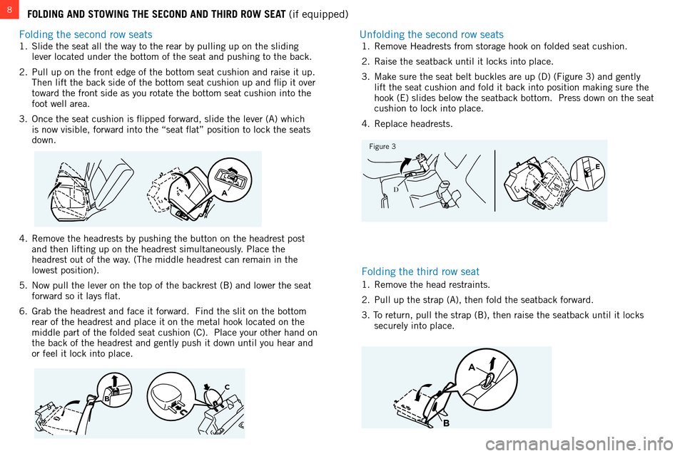 MITSUBISHI OUTLANDER 2014 3.G Owners Handbook 8
1.  slide the seat all the way to the rear by pulling up on the sliding 
lever located under the bottom of the seat and pushing to the back.
2.
 
Pull up on the front edge of the bottom seat cushion