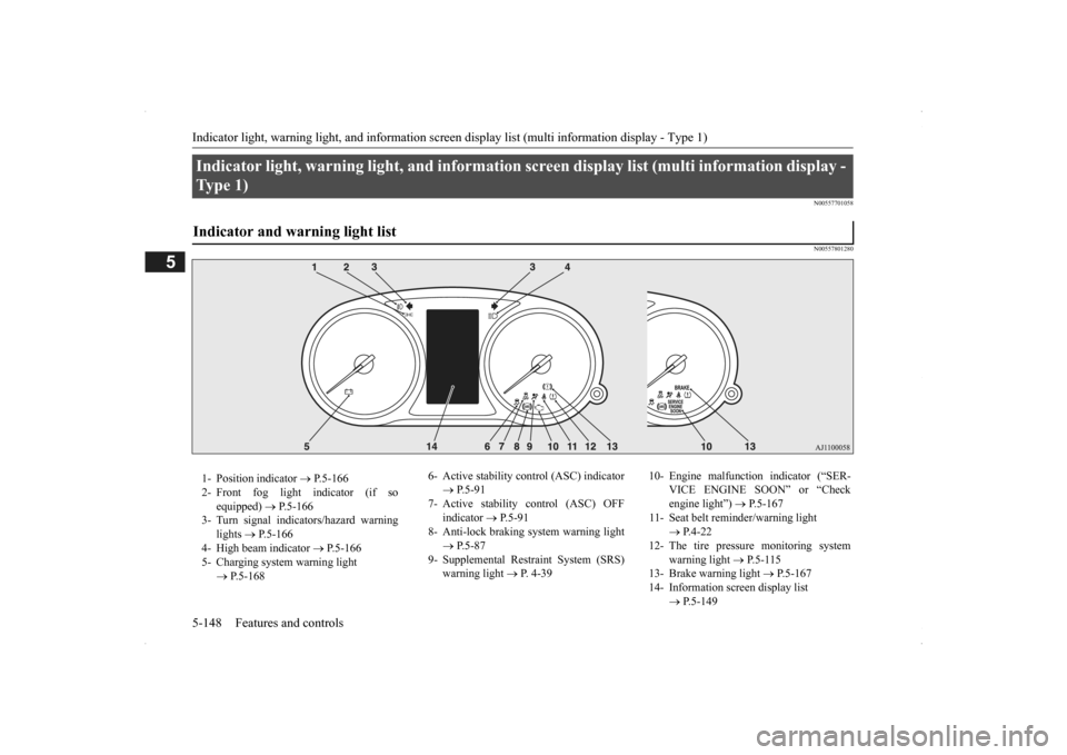 MITSUBISHI OUTLANDER 2014 3.G Service Manual Indicator light, warning light, and information screen display list (multi information display - Type 1) 5-148 Features and controls
5
N00557701058 N00557801280
Indicator light, warning light, an 
d i