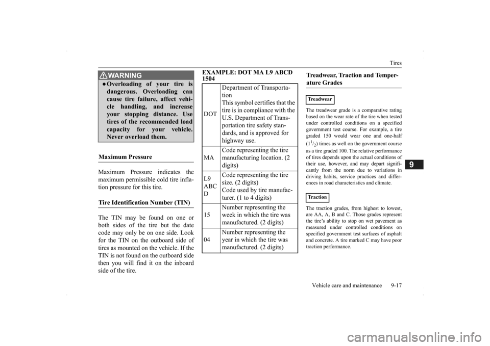 MITSUBISHI OUTLANDER 2014 3.G User Guide Tires 
Vehicle care and maintenance 9-17
9
Maximum Pressure indicates the maximum permissible cold tire infla- tion pressure for this tire. The TIN may be found on one or both sides of the tire but th
