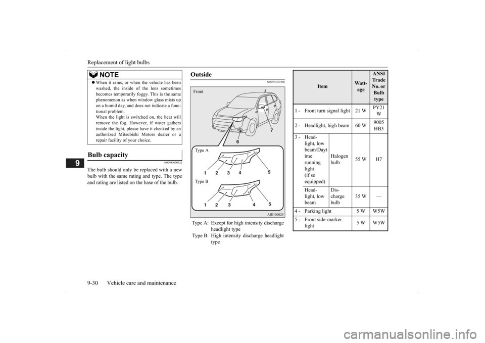 MITSUBISHI OUTLANDER 2014 3.G Owners Manual Replacement of light bulbs 9-30 Vehicle care and maintenance
9
N00943000132
The bulb should only be replaced with a new bulb with the same rating and type. The type and rating are listed on the base o