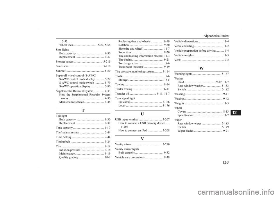 MITSUBISHI OUTLANDER 2014 3.G Owners Manual Alphabetical index 
12-5
12
5-53 Wheel lock 
............................
5-22
, 5-58 
Stop lights 
Bulb capacity 
.................................
9-30 
Replacement 
................................