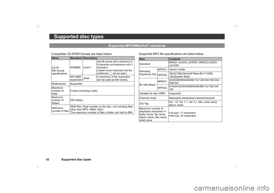 MITSUBISHI OUTLANDER 2014 3.G Rear Entertainment Supported disc types
18
Supported disc types
Supported MP3  ﬁ le speciﬁ  cations are listed below.Item Contents
Standard MPEG1 AUDIO LAYER3  MPEG2 AUDIO 
LAYER3
Sampling 
frequency [Hz] MPEG1 32k/